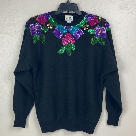 Vtg 80s Women's Medium In Charge Black Floral Sequin Sweater Lambswool Angora - Picture 1 of 11